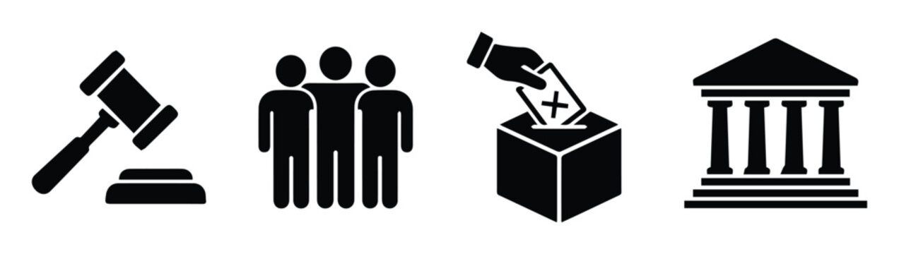 Government and law icon set, black silhouette voting and justice symbols, legal system and democracy vector elements for infographics