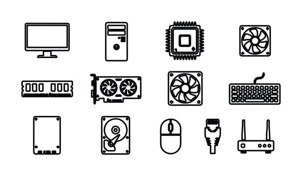 Computer hardware icon set with 12 vector line elements, PC components and peripheral symbols, black outline technology icons for web and gaming