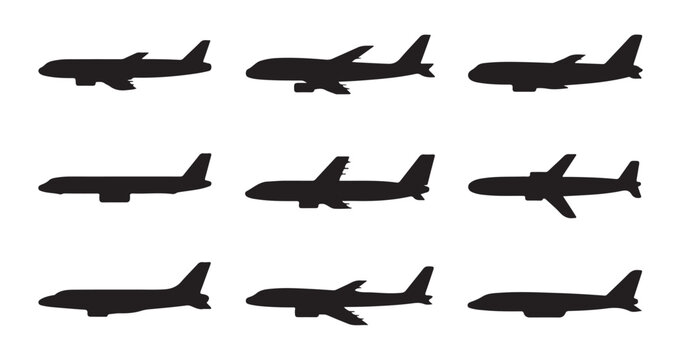 Collection of airplane silhouettes from different angles for travel.