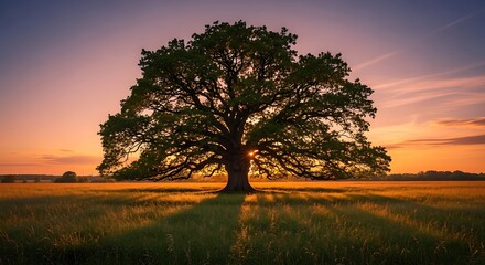 Obraz premium Majestic Oak Tree Silhouetted Against a Vibrant Sunset Sky.