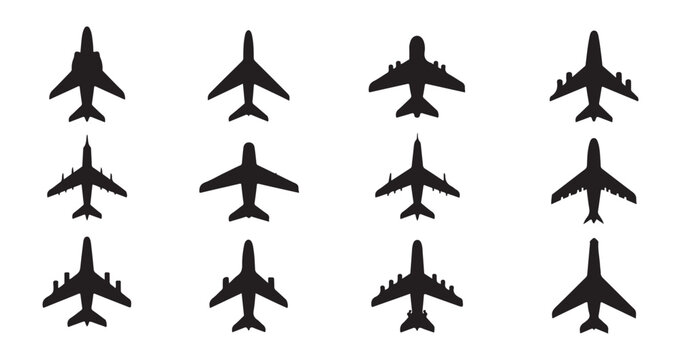 Set of black airplane silhouettes isolated on white background, vector aircraft sign, plane symbol.