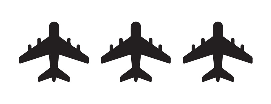 Three black airplane silhouettes side by side, symbolizing air travel and flights.