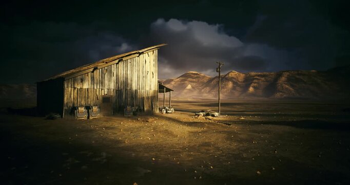 Weathered desert shack under stormy sky. Former prospector outpost with corrugated walls, scattered debris, distant mesas illuminated by dramatic sidelight