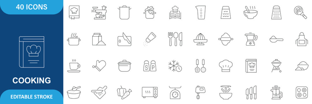 Cooking icon set. cooking, kitchen, food, recipe, chef, baking and more. Editable stroke. Vector File