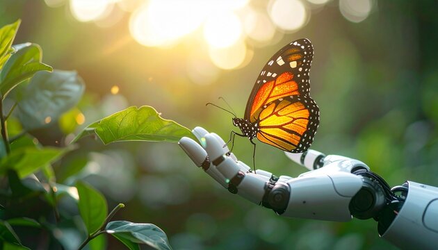 A robotic hand gently holds a monarch butterfly in a lush green garden bathed in warm sunlight, symbolizing the harmonious integration of technology and nature