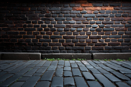 Dark brick wall with cobblestone pavement in moody light, grungy texture and sooty tones