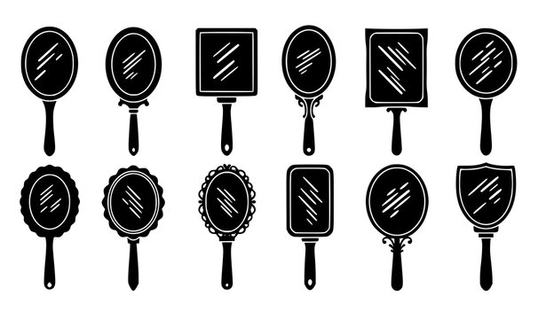 Hand mirror silhouettes vector set beauty accessory icon illustration isolated on white