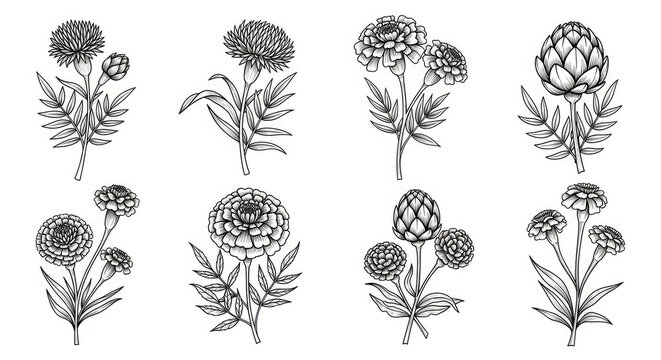 Intricate line art illustration of garden flowers; marigold artichoke dahlia in black and white botanical drawing style for design elements