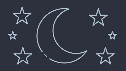 Obraz premium Minimalist outline illustration of a crescent moon and stars against a dark night sky, symbolizing peace and celestial beauty.