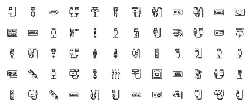 Connectors & Cables icon set. Vector cable and port collection. Includes USB, HDMI, Ethernet, Jack, Plug, Socket, DVI, Charger and Broken Cable symbols.