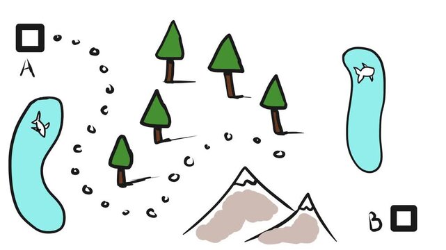 The animation consists of a map showing the path from point A to point B. The map includes mountains, lakes, forests, and empty spaces.