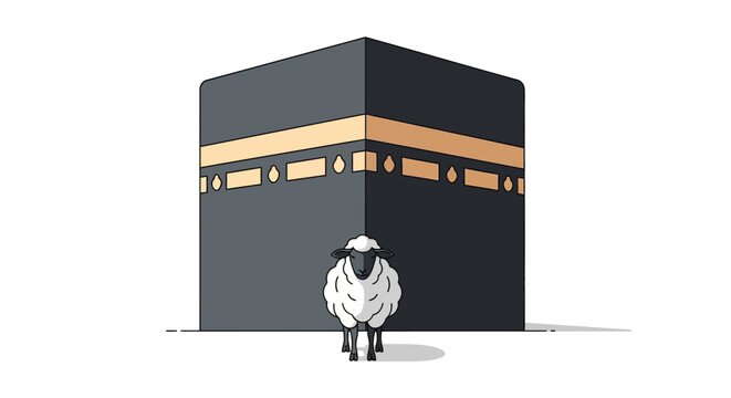 A vector illustration shows a white fluffy sheep standing in front of the Kaaba, the cube-shaped building draped in black and gold cloth, set against a clean white background