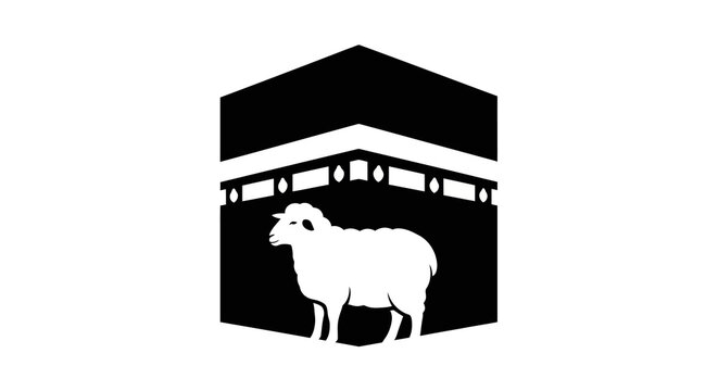 Stylized vector illustration shows a sheep silhouette standing in front of a black Kaaba-shaped building, set against a stark white background with minimalist design, representing religious