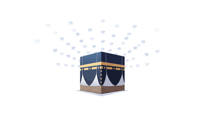 Isometric illustration of the Kaaba in Mecca, a cuboid structure with gold accents and a black cloth, depicted against a stark white background with light blue dots suggesting a celestial