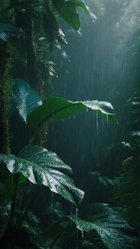 Rainforest Rain. Basic Needs of Living Things (Water, Food, Air). Environmental Awareness. heavy tropical rain falling on large waxy jungle leaves, with water pooling and dripping off the tips
