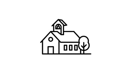 Fototapeta premium Line art school building icon with bell tower and tree. Outline vector illustration for education, learning, and community design.
