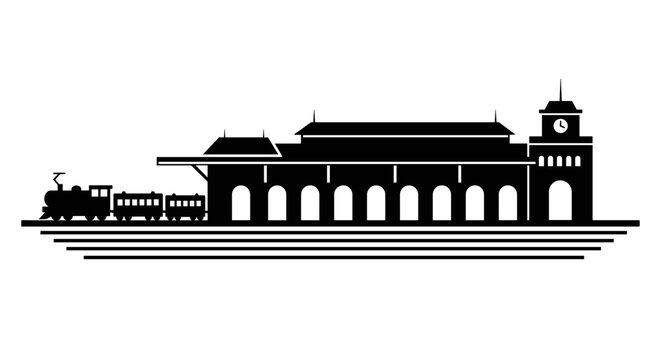 Black silhouette of old train station.