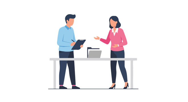 A professional man taking notes on a clipboard while talking to a female colleague across a white office table in a clean, minimalist style.