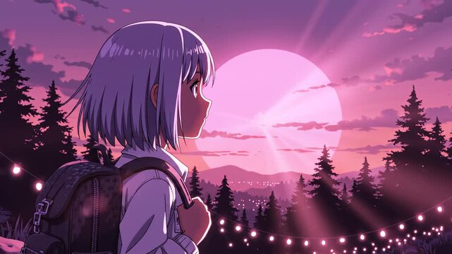 Anime girl with backpack at sunset for environmental projects, nature documentaries, and commercials