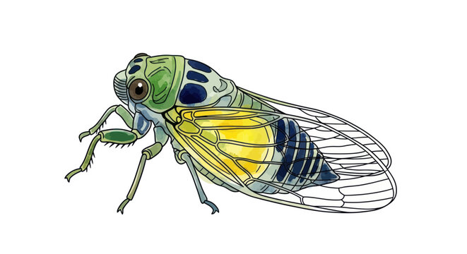 Watercolor Illustration of a Green Cicada Insect on White Background