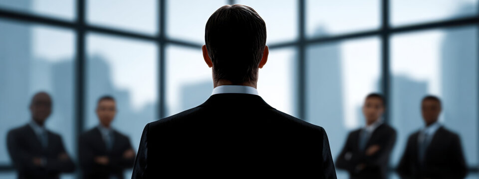 Business leader portrait back view of man in suit standing in office with blurred team and window background