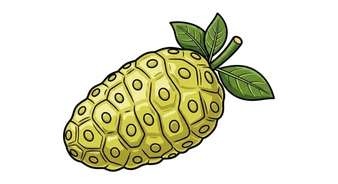 Illustration of a ripe noni fruit with green leaves.