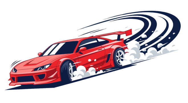 Red sports car drifting, tire smoke, dynamic motion lines, street racing
