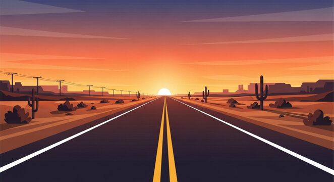 Desert highway at sunset with cactus and mountains.