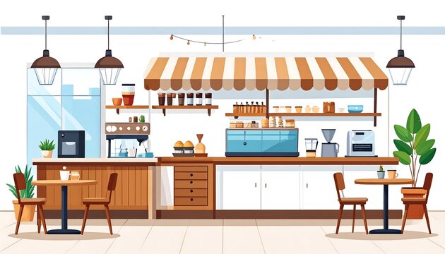 Cartoon-style illustration of an inviting cafe interior with coffee-making equipment, tables, chairs, plants, and an awning