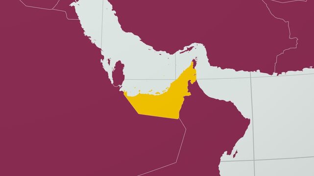 United Arab Emirates map. Animated zoom into the country on the Globe in Pale Mint Dark Pink color palette. Country logo animation with round text and airplanes. Map with meridians, parallels.