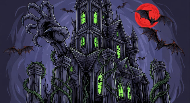 Spooky haunted castle with glowing windows and bats flying.