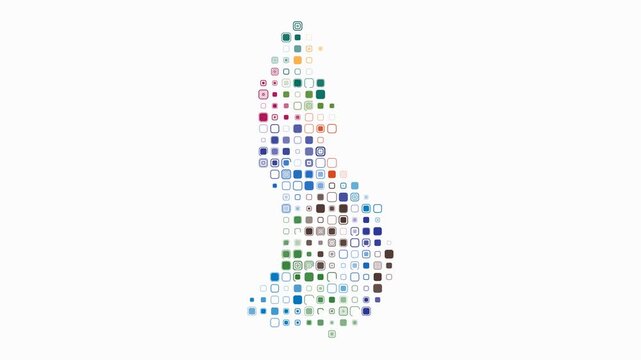 Liechtenstein animated country shape. Pulsating colored dots on the map of the country. Large size rounded square blocks. Digital style Liechtenstein map on white background. Vibrant animation video.