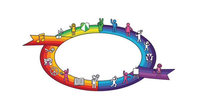 Colorful circular rainbow arrow frame with diverse people icons.