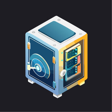 Isometric Digital Data Safe Illustration with Server Rack Protecting Valuable Information Assets