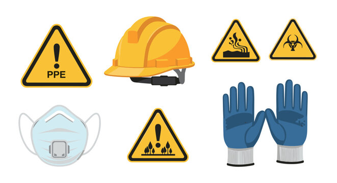 Essential personal protective equipment (ppe) set, featuring a hard hat, respirator mask, gloves, and hazard warning signs in yellow and black. safety equipment for construction,