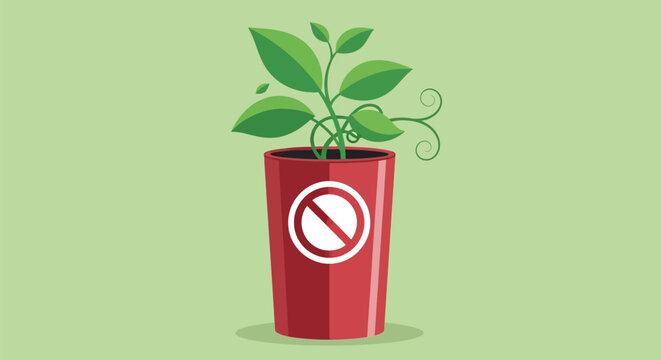 A red flower pot containing a green plant with a prohibition symbol icon.