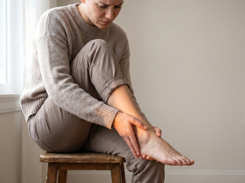 Young woman sitting on a stool and holding her painful ankle, suffering from foot injury or sprain at home