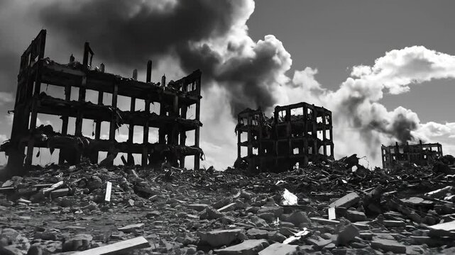 Black and white footage of ruined buildings after a catastrophic explosion or war event.