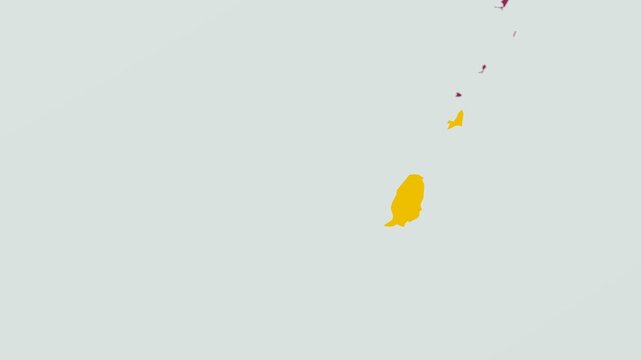 Grenada map. Animated zoom into the country on the Globe in Pale Mint Dark Pink color palette. Country logo animation with round text and airplanes. Map with meridians, parallels. Classy video.