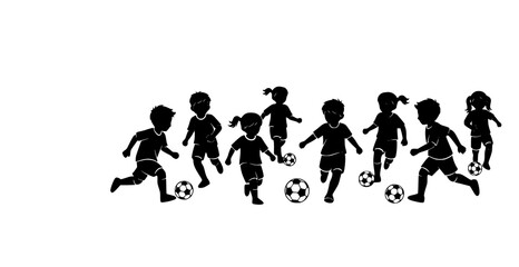 Obraz premium Kids playing soccer silhouette vector illustration children football game isolated
