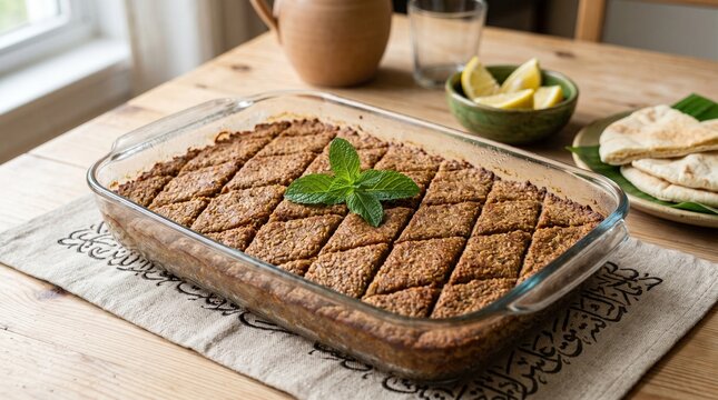 Baked Kibbeh (Quibe de Bandeja) in a glass dish with mint, lemon and pita bread.