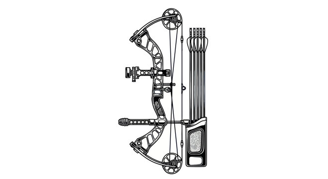 Modern Compound Bow with Arrows and Quiver - Top View, Black and White Line Art