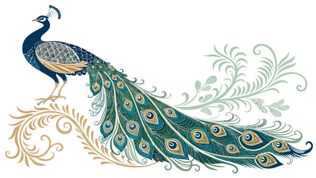 A colorful peacock standing on a decorative branch with floral patterns