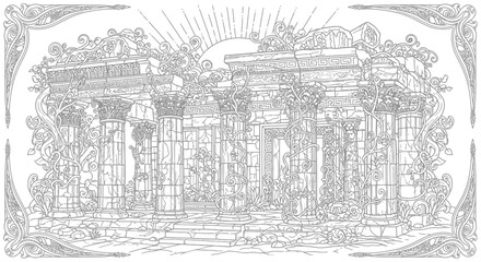 Fototapeta premium Intricate line art of ancient ruins with classical columns, overgrown foliage, and a rising sun, detailed illustration for coloring.