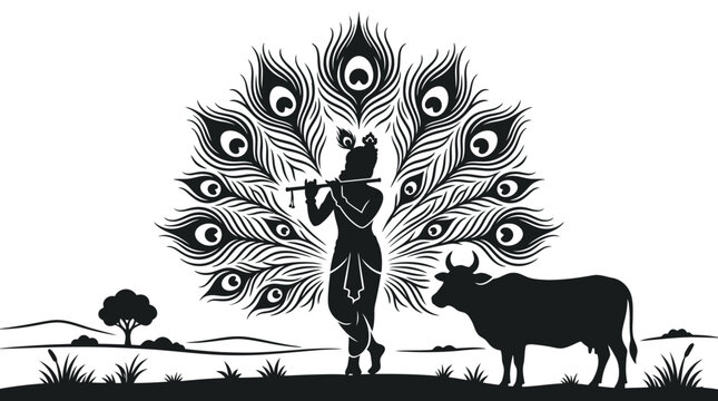 Lord Krishna playing flute with peacock feathers and a cow silhouette.