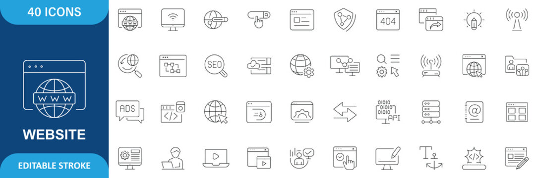 Website icon set. Contain icons related to Containing web design, internet, content, SEO, hosting,  blog, homepage, e-commerce, and more. Editable stroke. Vector File