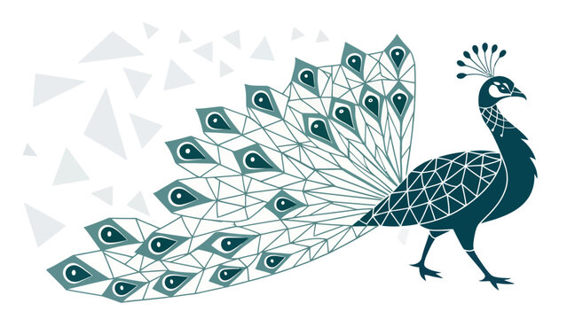 A geometric peacock illustration in teal with a white background