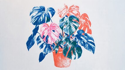 Fototapeta premium Artistic monstera plant lino cut print in vibrant blue and coral tones. Tropical botanical illustration with retro grain and ink texture, perfect for modern interior decor and wall art.