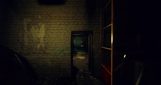 small hidden maintenance alcove with rusted ladder and faint light, toolbox and corroded piping suggest infrequent inspections and quiet decay, moody