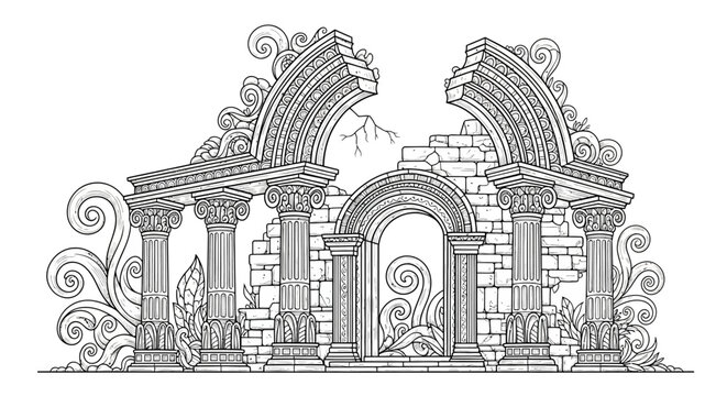 Intricate line art illustration of ancient ruins, broken classical columns, arches, and crumbling stone walls. Detailed historical architecture.